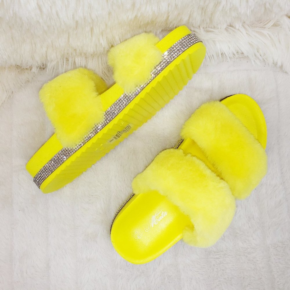 Fur Baby Yellow Soft Furry Double Band Slip on Rhinestone Trim Sandals Slippers - Picture 1 of 14